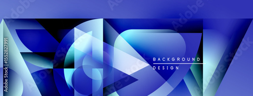 Abstract geometric shapes, blue hues dominate design. Modern aesthetic, gradients create depth, text reads background design.