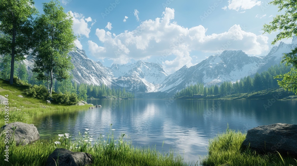 Fototapeta premium Scenic lake view with snow-capped mountains, green trees, and cloudy blue sky. Use this for travel blogs, nature brochures, or peaceful background images.