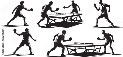Collection of dynamic black and white silhouette illustrations of table tennis players in action