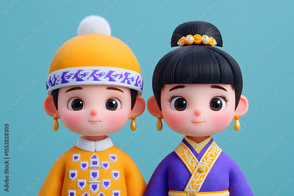Naklejka premium 3D illustration of a traditional-style couple celebrating Qixi Festival together