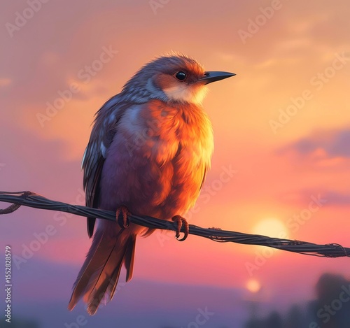 Illustration of Fluffy Bird standing on Wire at Sunrise