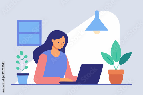 Young woman cartoon character sitting at a desk working on a laptop computer in a cafe