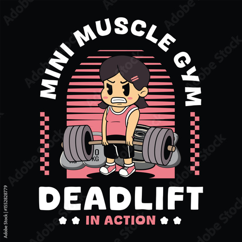 A Cute girl athlete deadlifting a heavy barbell for fitness and muscle building in a retro cartoon character mascot illustration