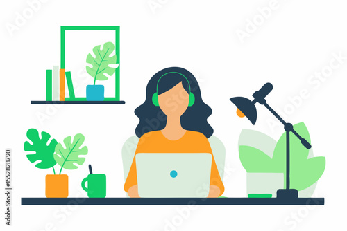 Cartoon vector illustration of a woman watering plants in a garden