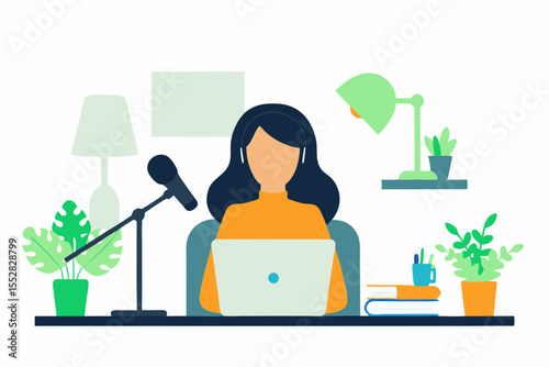 Woman working at her office desk surrounded by plants, illustrating a flat design concept