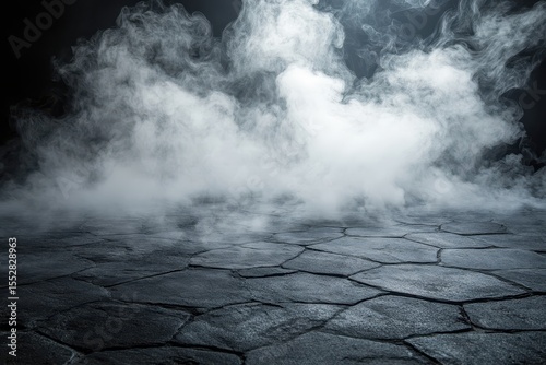 Stone floor with mist, smoke, or fog on a dark background, studio shot. Good for spooky scenes or product advertising backgrounds.