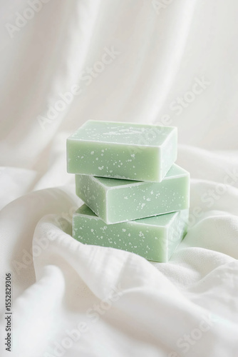 Stacked mint green soap bars on soft white fabric – minimal skincare concept