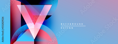 Abstract vibrant design features layered shapes, gradients. Blue, pink hues dominate composition. Modern aesthetic, clean lines present.