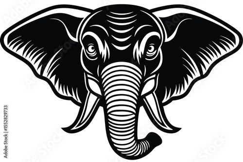 Stylized elephant face shows large ears and striped trunk in black and white