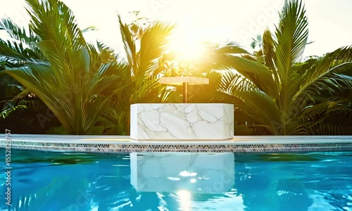 Serene Poolside Marble Bar at Sunset Tropical Paradise