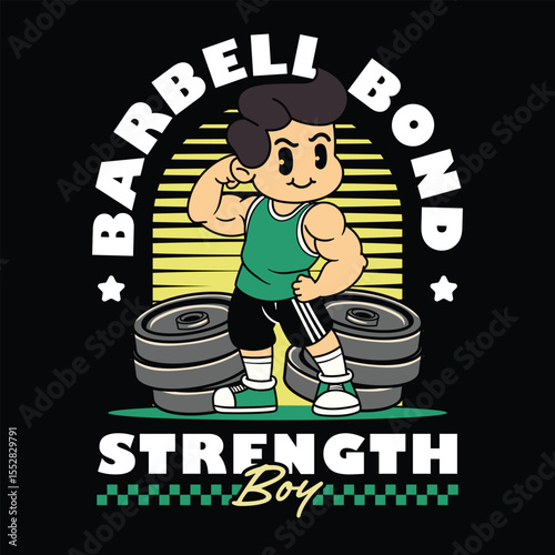 A Funny Boy athlete flexing biceps muscle for fitness in a retro cartoon character mascot illustration