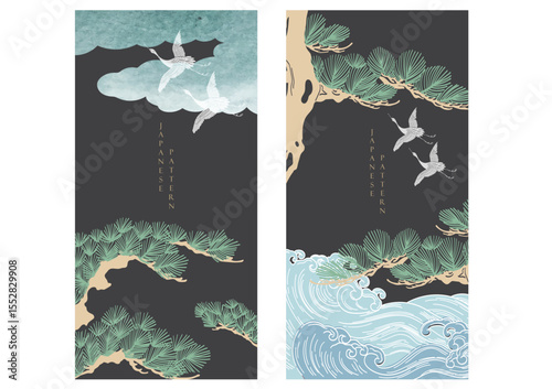 vector illustration of an bonsai tree background with hand drawn wave and cloud elements in oriental style. Gold texture.