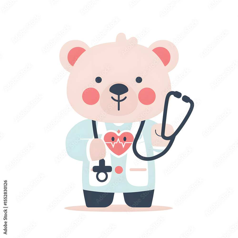 Fototapeta premium A cute cartoon bear, dressed as a pediatrician, holds a stethoscope. It wears a light teal doctor's coat and has a heart with a heartbeat graphic on its chest.