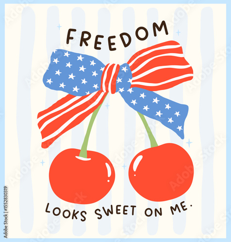 cute coquette freedom cherries 4th of july with america ribbon bow in red white and blue hand drawn for patriotic design, shirt or card sublimation