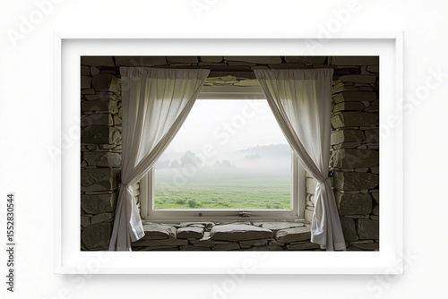 Stone framed window with open curtains revealing a misty countryside landscape