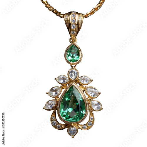 Elegant Gold Pendant with Green and Clear Gemstones, Luxurious Design