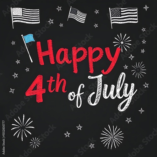 Happy 4th of July Chalkboard Design with American Flags, Stars, and Fireworks - Patriotic Independence Day Celebration