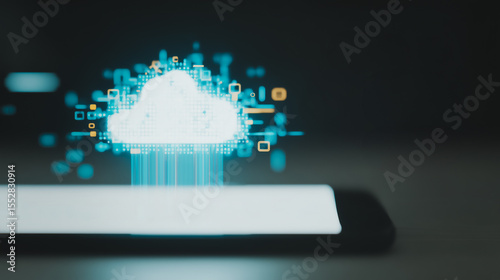 Digital Cloud Connection: A technological composition showing data transfer from a cloud to mobile device, illustrating cloud computing concept in a futuristic style.