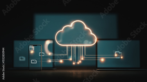 Cloud Computing: A futuristic digital cloud gracefully links a smartphone and two laptops, representing seamless data synchronization, accessible from anywhere.