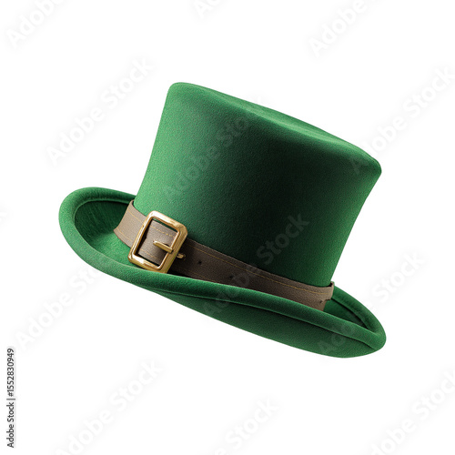 A realistic - style green top hat with a brown leather belt and a gold square buckle, PNG transparent background, fashion prop material.