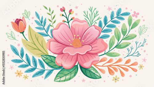 A soft pink flower in crayon watercolor style, hand drawn with chalk texture. Spring floral leaves and cute garden elements bloom in a childlike nature-inspired doodle background for kids.