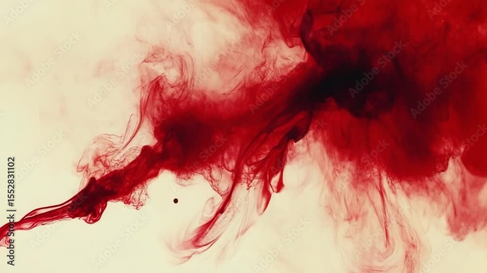 A spreading cloud of red ink in water against a light background with a small black dot nearby