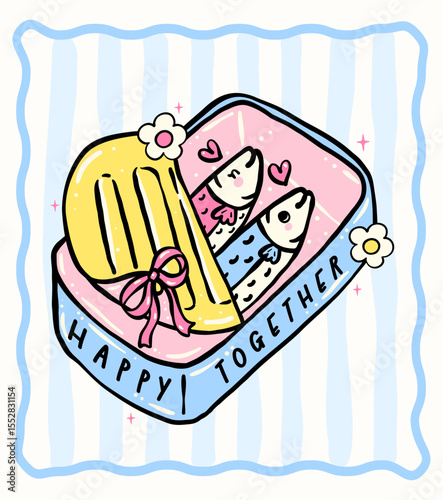 cute sardine couple in tin can with ribbon bow and happy together quote in pastel coquette doodle style for kawaii art print, sticker, and wall art