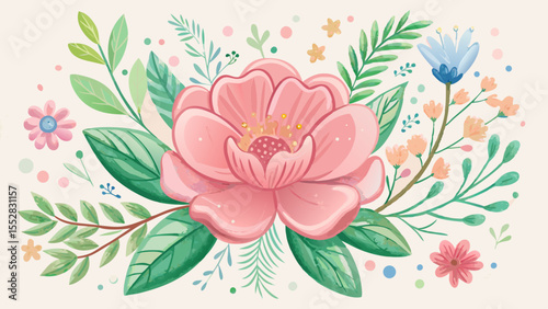 A soft pink flower in crayon watercolor style, hand drawn with chalk texture. Spring floral leaves and cute garden elements bloom in a childlike nature-inspired doodle background for kids.