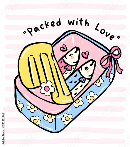 cute sardine couple in tin can with ribbon bow and packed with love quote in pastel coquette doodle style for kawaii art print, sticker, and wall art