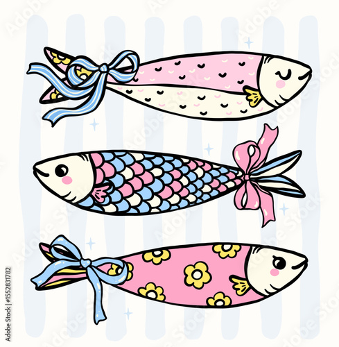 pastel sardines with bows in cute coquette fisherman style whimsical hand drawn doodle set for t shirt sublimation, stickers and wall art