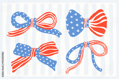 Retro coquette america bow set in doodle hand drawn style with red white blue ribbons for independence day clipart, stickers and design projects