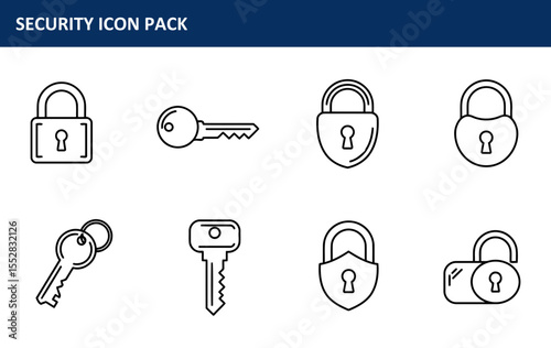 Security icon pack with various lock and key symbols. Simple, outlined illustrations of lock and key icons for security or safety theme.