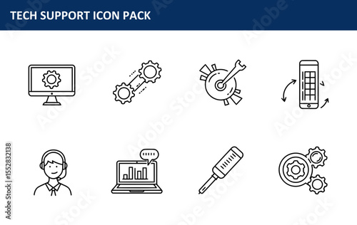 Tech support icon pack illustrating various elements of troubleshooting, customer service and technical assistance. Simple, black line icons in a modern style.