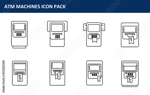 ATM machine icons in various states. Collection of black line art ATM machine icons for financial services or technology.
