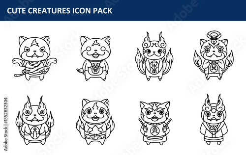 The cute creatures icon pack with standing poses and various attire and expressions is featured in a set of cartoon animal icons in black and white line art, suitable for children's content.