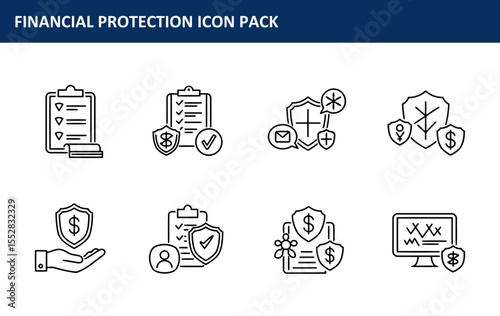 Financial protection icons for a variety of contexts. Informational graphic set with multiple financial protection elements in an office setting.