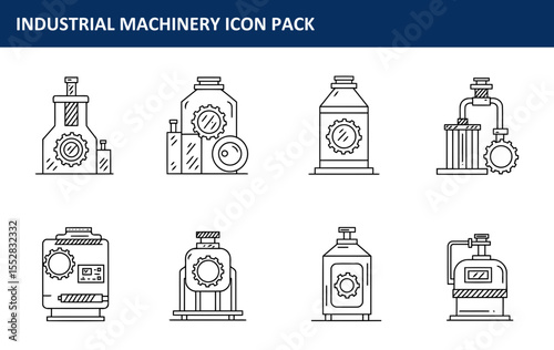 The industrial machinery icon pack with various machine illustrations in a simple, linear style is presented in a set of simple, outline style industrial machine icons for stock use.