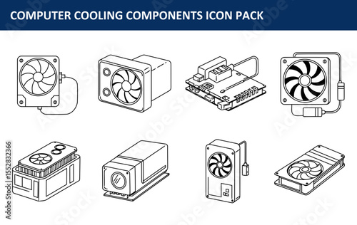 Computer cooling components icons displayed in a technical illustration. Various cooling components such as CPU coolers, fans, and heat sinks are shown in an isometric view.