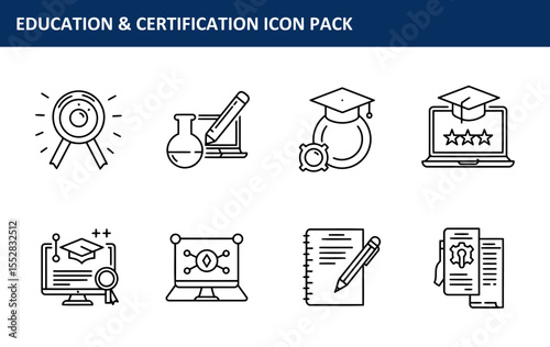 Education and certification icon pack featuring various learning tools and achievements. Collection of simple, clean icons representing learning, skills, and academic success.