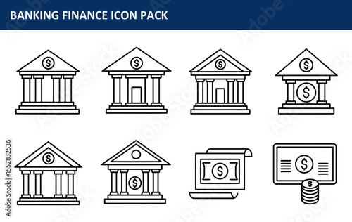 Banking finance icon pack showing various financial institutions and transactions. Simple, black-and-white line drawings of bank buildings, money, and financial documents.