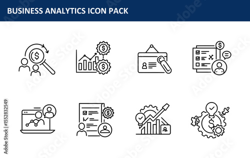 Business analytics icons in a modern, minimalist design. Collection of diverse business analytics icons, showcasing various aspects of data analysis, finance, and people management.