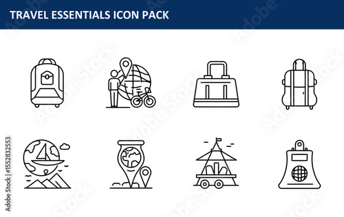 The travel essentials icon pack with various travel items for a website or app is presented in a set of simple, clean illustrations perfect for travel-related advertising or editorial purposes.
