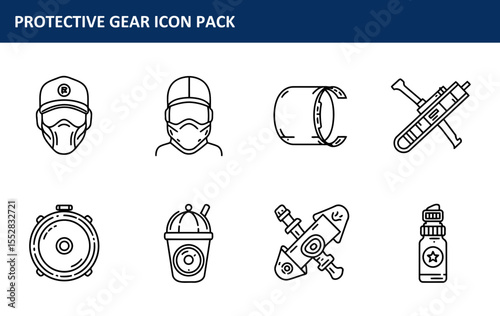 Protective gear icons for diverse professionals in various settings. Collection of simple line art graphics depicting safety equipment and supplies.