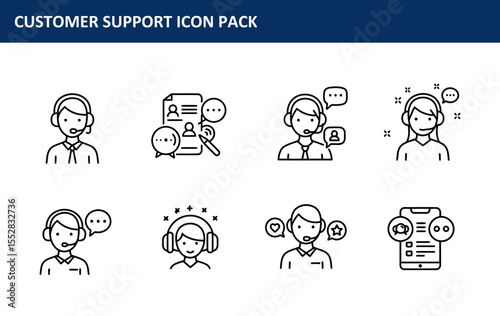 Customer support icons in various action poses. Collection of diverse customer service representatives interacting with clients, illustrating different support channels and positive interactions.