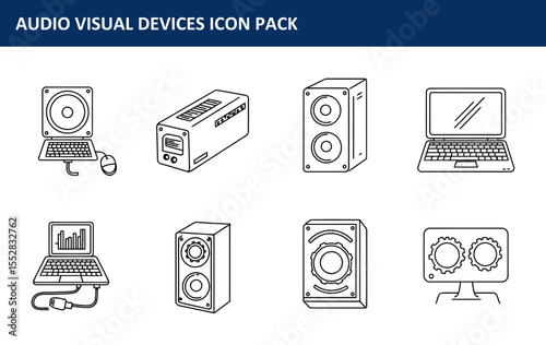 Audio visual devices icon pack in flat style. Collection of various audio visual devices in a simple, clean design.