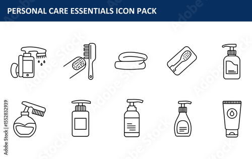Personal care essentials icon set with various products in a simple, outlined style. Line drawings of shower products, brushes, soaps, and lotions in a simple, accessible design.