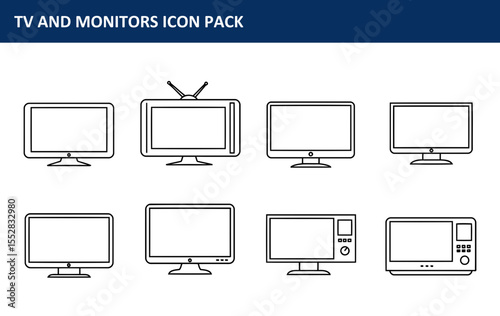 TV and monitor icons in a line art style. Simple outline drawings of various television and monitor types, displayed against a plain white background.