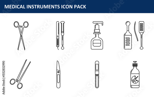 Medical instruments icon pack showing various tools in a simple, black outline style. Set of medical instruments for a medical professional in a hospital setting.