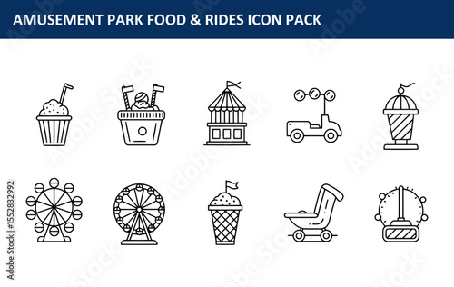 Amusement park food and rides icons in a flat, black and white style. Simple illustrations for use in advertising, editorial, or amusement park promotional material.