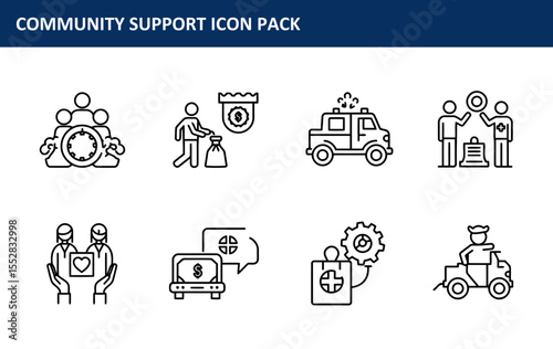 Community support icons in a variety of settings. Diverse community members collaborating with various assistance actions.